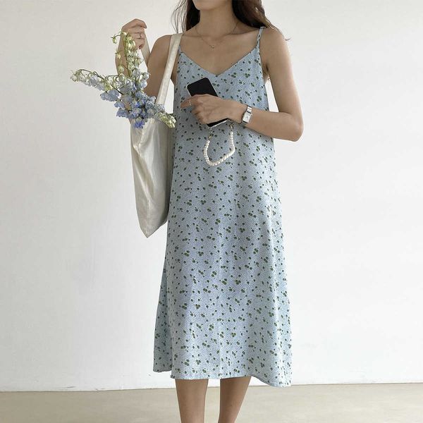 

flower print soft long dress summer v collar spaghetti strap 210607, Black;gray