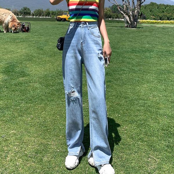 

women's jeans high waist womens clothing denim pant irregular split leg plus size ripped for women vintage full length straight, Blue
