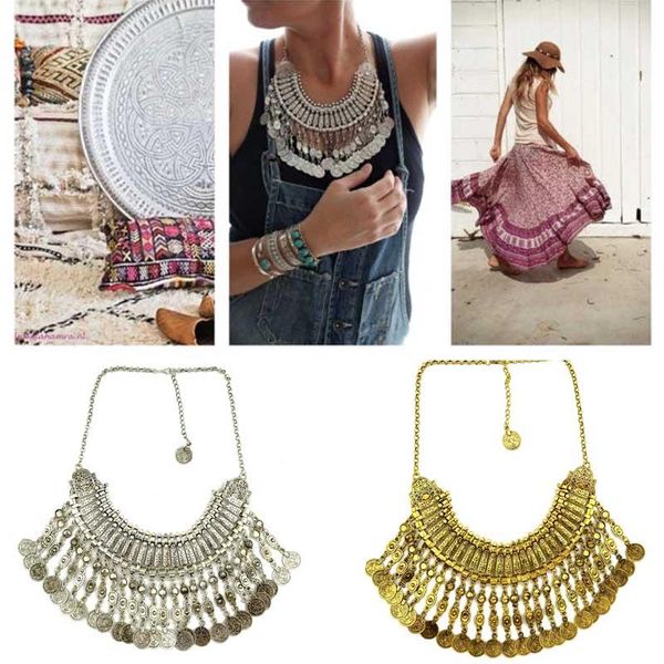 

pendant necklaces bohemian vintage chokers necklace fashion ethnic carved coins nice for women fine jewelry colar, Silver
