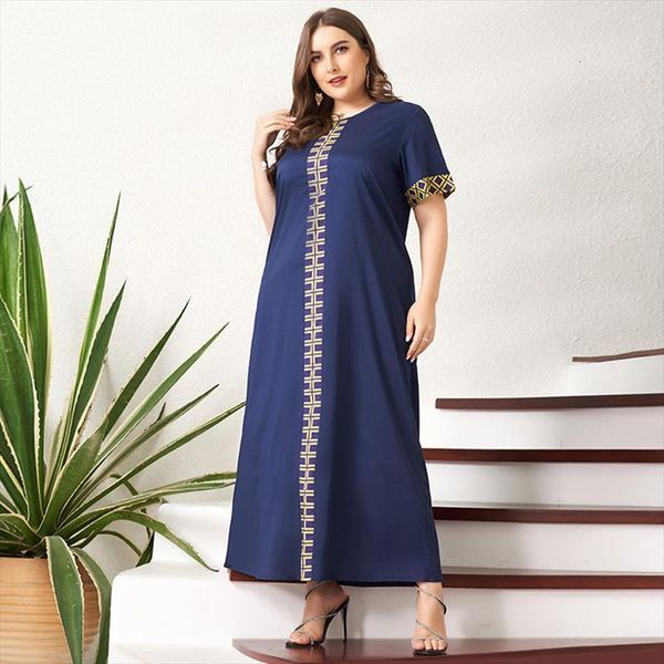 

summer fashion elegant golden plaid womens dress stitching loose short sleeved plus size long slim dark casual blue woman, Black;gray