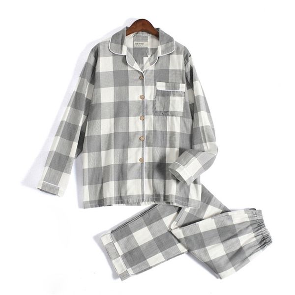 

fresh plaid 100% gauze cotton lovers pajama sets women and men autumn long sleeve japanese casual sleepwear women pyjamas 211007, Black;red