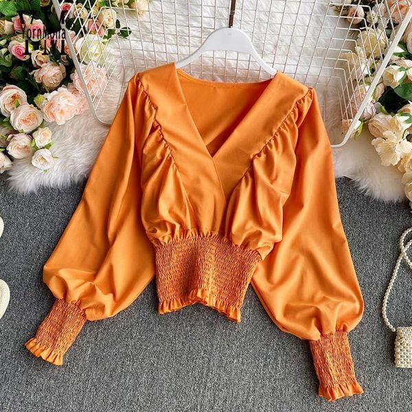 

yornmona candy colors casual women slim elastic waist blouse shirts spring autumn lantern sleeve ladies jumper women's blouses &, White