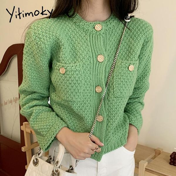 

women's knits & tees yitimoky cardigan women sweater green casual o-neck outwears 2021 fall clothes black white long sleeve knitted sol