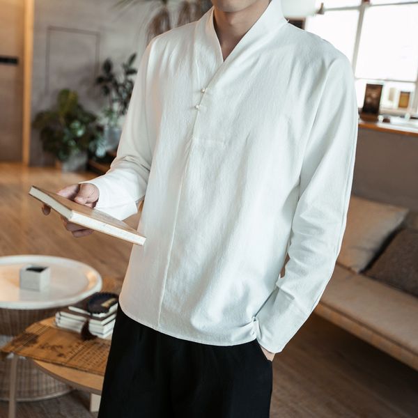 

men's shirts hanfu linen v-ne chinee looe with cotton and lining, White;black
