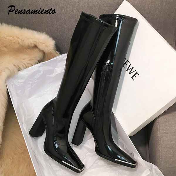 

kendall style women motorcyle boots fashion square toe knee high autumn winter warm patent leather heels shoes, Black