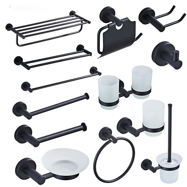 

black bathroom accessories set toilet brush holder wc roll paper towel shelf rail maglass soap dish wall hook hairdryer rack bath accessory
