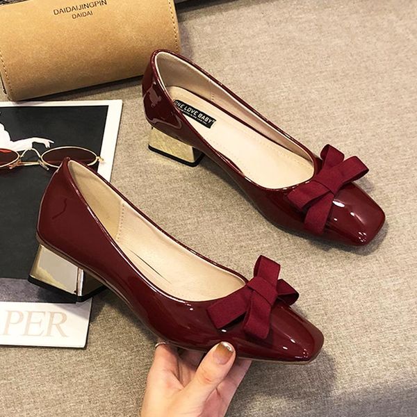 

dress shoes bridemaid wedding pumps women square med-high heels ladies japanned leather ol plated bowtie mary jeans, Black