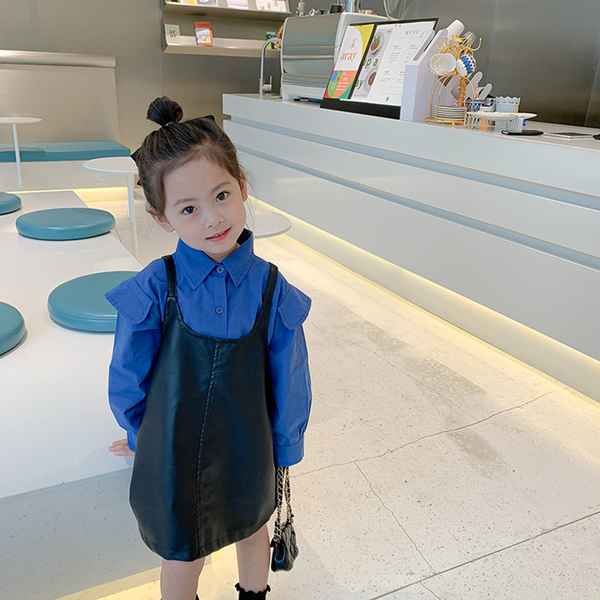 

2021spring girls long-sleeve shirt+ faux pu leather suspender black dress two piece sets 2-8y, Red;yellow