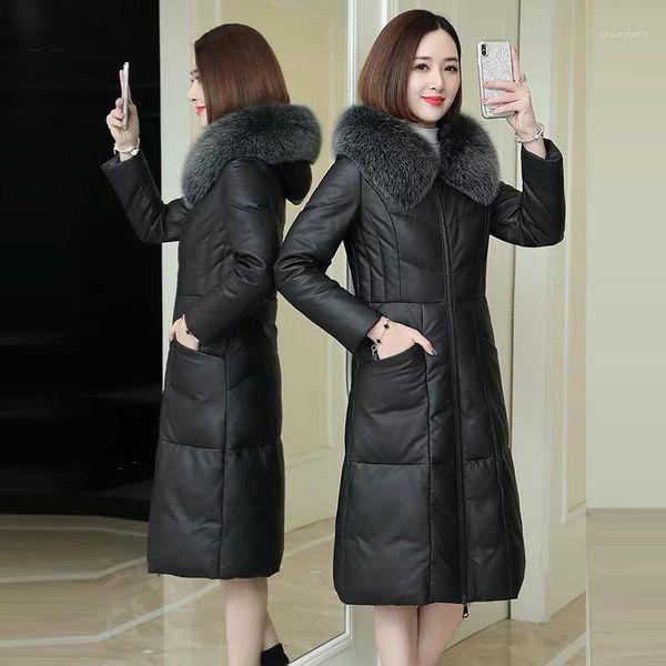 

leather down jacket women's middle length over knee hair collar slim sheep skin haining coat & faux, Black