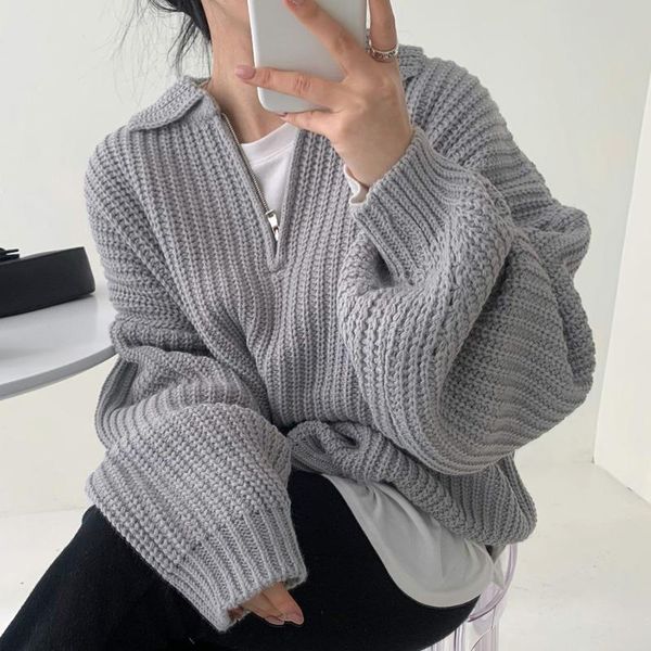 

women's sweaters sweater women 2021 korean fashion retro solid lapel zipper thick needle loose warm lantern sleeve pullover, White;black
