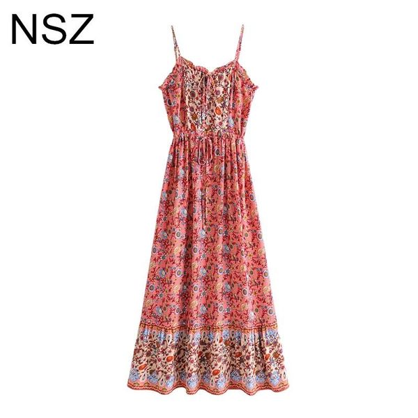 

women print cotton boho summer long maxi beach holiday pleated camisole spaghetti dress drawsting waist cami bohemian casual dresses, Black;gray