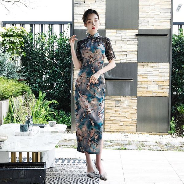

ethnic clothing lace sleeve vintage oriental chinese dress women slim satin cheongsams mandarin collar beading qipao vestidos, Red
