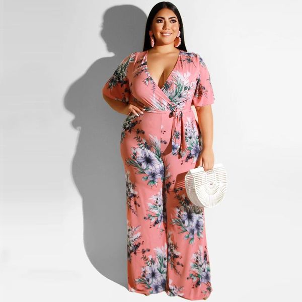

plus size floral print straight women rompers loose long playsuit v neck belt wide leg elegant overalls for, Black;white