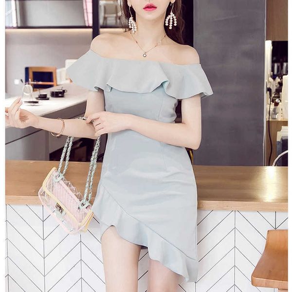 

luxury evening dress 2021 summer off the one line shoulder lotus leaf edge high waist irregular slim hip wrap dr, Black;gray