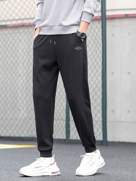 

men drawstring waist letter & mountain print sweatpants a80a#, Black