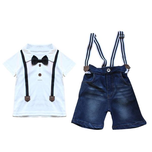 

clothing sets kids baby boys t-shirt+jeans pants clothes set 2-8years overall denim shorts, White