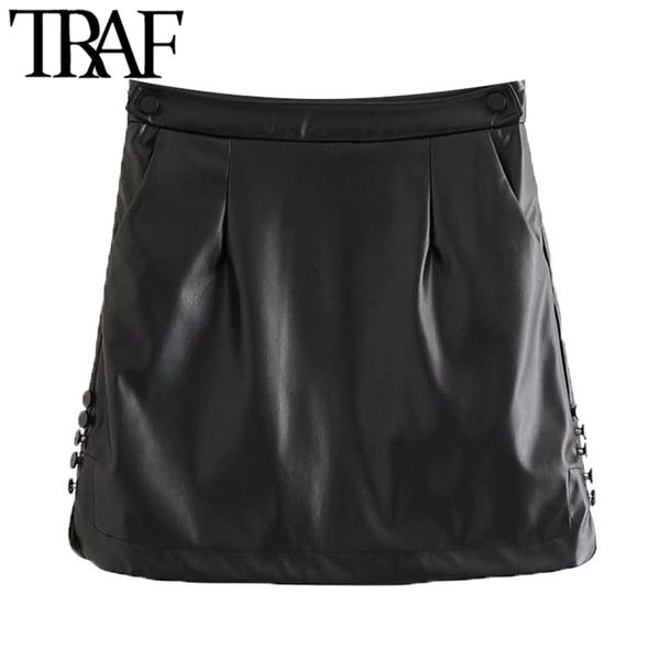 

women chic fashion decorate buttons faux leather mini skirt vintage high waist side zipper female skirts mujer 210507, Black