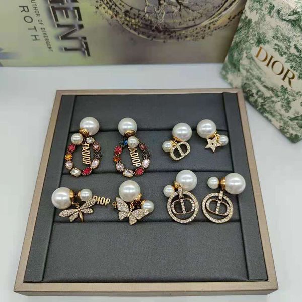 

gift box jewelry 2021 fashion color crystal earrings ab asymmetric front and back pearl letter star earrings female, Silver