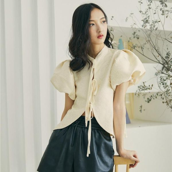 

women's blouses & shirts french elegant vintage crop and women summer puff sleeve slim apricot lace up female short, White