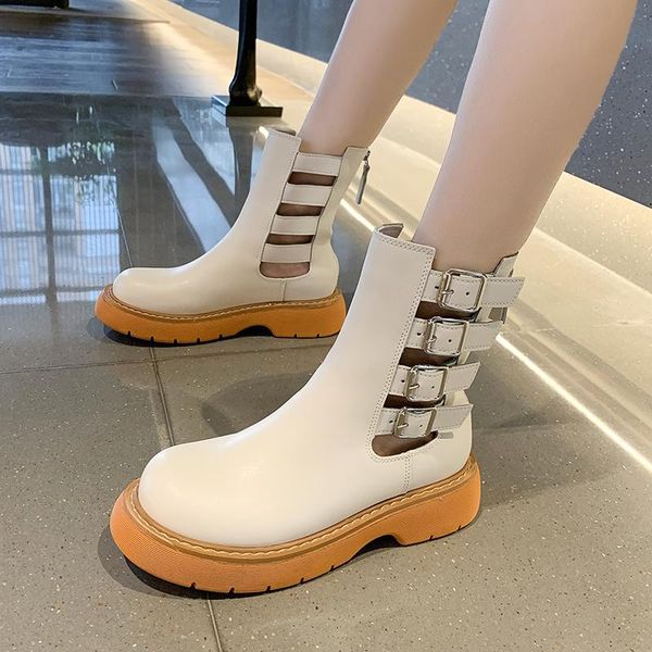 

boots women's summer fashion platform breathable womens square toe ankle zipper after buckle botas de mujer, Black