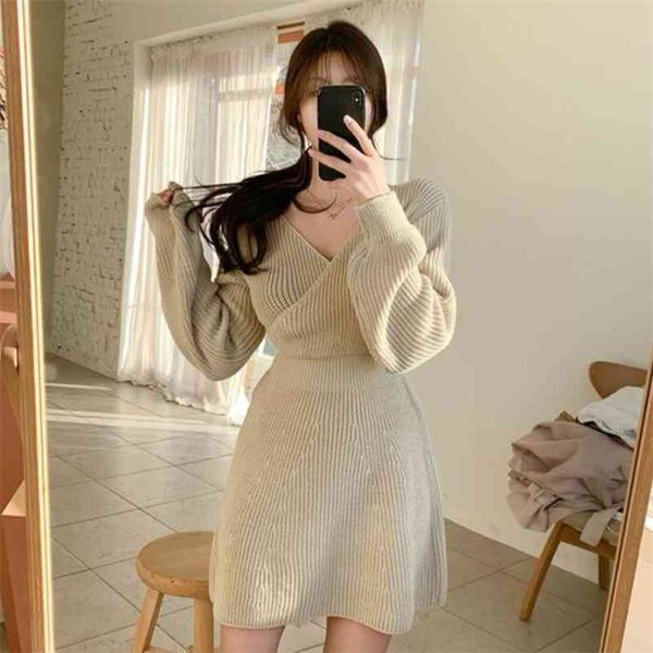

autumn temperament small cross v-neck waist slim high pit strip knitted dress women gx1275 210507, Black;gray