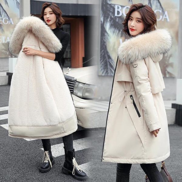 

women's down & parkas fur collar long hooded parka 2021 winter jacket women big pocket adjustable waist cotton liner coat thicken cloth, Black