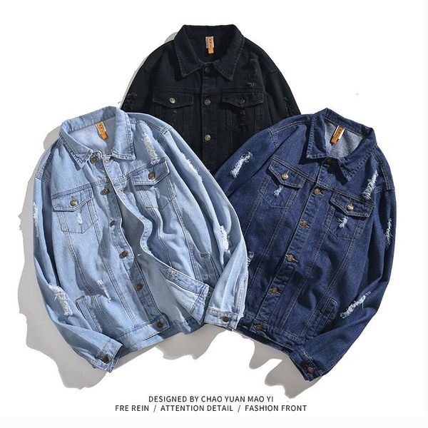 

men's jackets ripped denim jacket 2021spring&autumn casual solid long-sleeved jeans coats men retro streetwear cotton cowboy, Black;brown