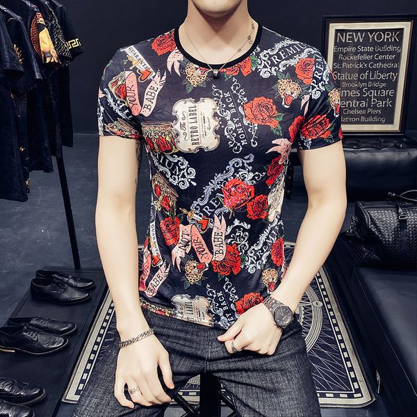

men's polos spring short men tshirt korean rose print t party social club outfits homme baroque pantalon moda tee shirt e1k6, White;black