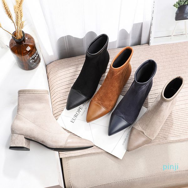 

boots ankle short boots flock pointed toe square heels winter plush booties woman slip on, Black