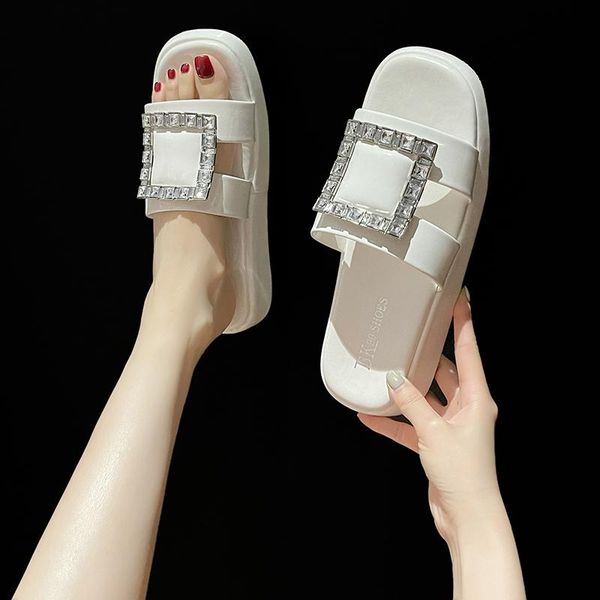 

women's flip flops casual shoes platform metal button rhinestone fashion woman summer footwear slippers, Black