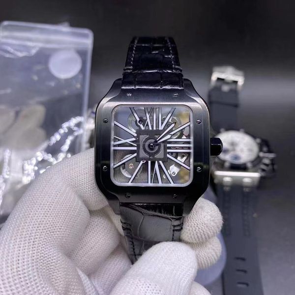 

fashion mechanical square men's watch with a hollow back double folding buckle luminous pointer gemstone crown, Slivery;brown