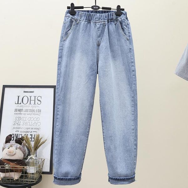 

casual plus size loose pants women jean wide leg cropped denim bloomers elastic waist for woman 5xl, Blue