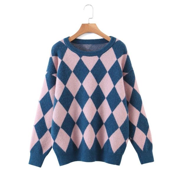 

n0064-korean style women's clothing 2021 autumn winter round neck diamond contrast color plaid casual sweater sweaters, White;black