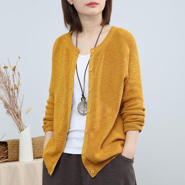 

women's jackets spring and autumn cotton linen knit cardigan women loose wild long-sleeved thin section coat jacket solid color r308, Black;brown