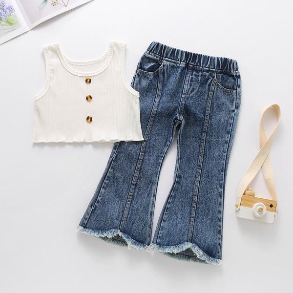 

clothing sets low price promotion summer kids baby girls sleeveless solid vest denim long pants toddler children clothes 2pcs, White