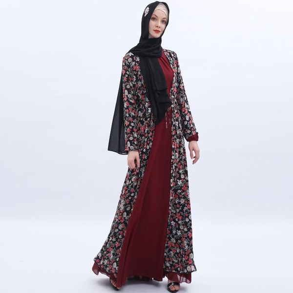 

ethnic clothing turkish kaftan islamic cloak chiffon floral skirt cardigan muslim middle east prayer clothes summer long, Red