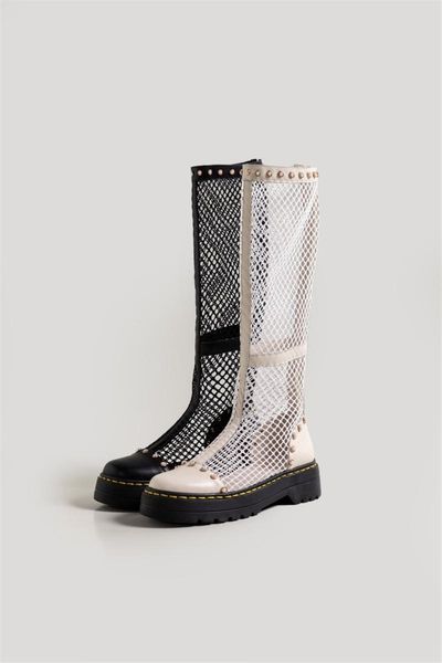 

boots knee-high mesh platform bottom comfortable rubber round toe women zipper shoes cutout breathable leisure, Black