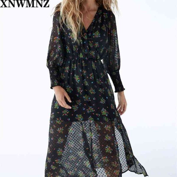 

women chic fashion floral print chiffon midi dress vintage elastic waist with lining female dresses vestidos mujer 210520, Black;gray
