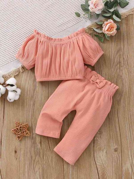 

baby frilled puff sleeve tee & paperbag waist bow pants she, White