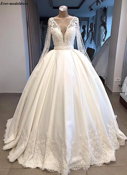 

other wedding dresses ball gowns long sleeves plus size lace appliques pearls v-neck button gorgeous bridal robe de mariee, White