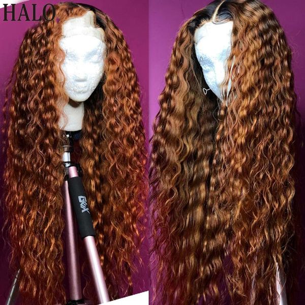 

lace wigs 1b/30 ombre water wave curly remy front human hair highlight deep brown frontal wig pre plucked, Black;brown