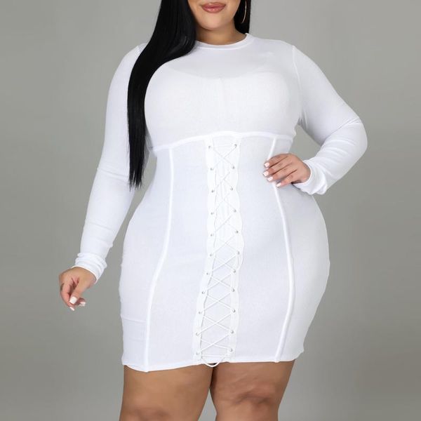

plus size dresses dress 2021 fashion lace up white bodycon mini autumn winter long sleeve evening party club outfit 4xl 5xl, Black
