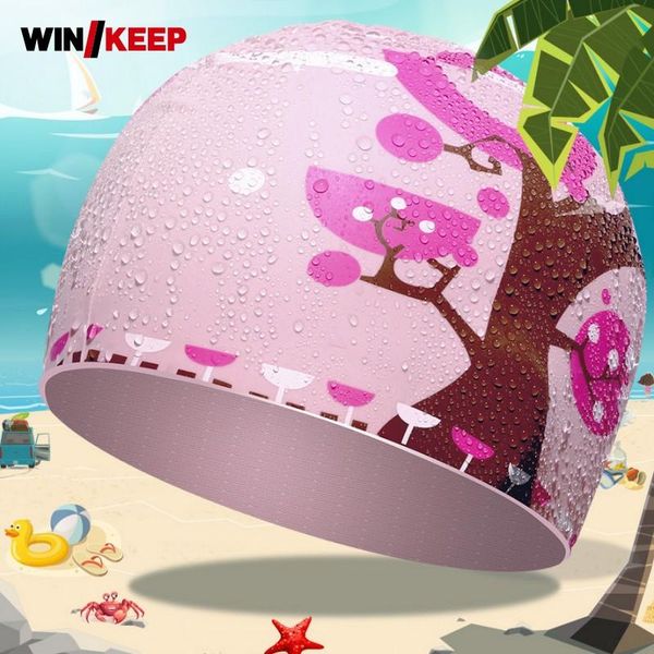 

child pink flower printed swimming caps for girls boys comfort breathable pool cap waterproof ear protection hats