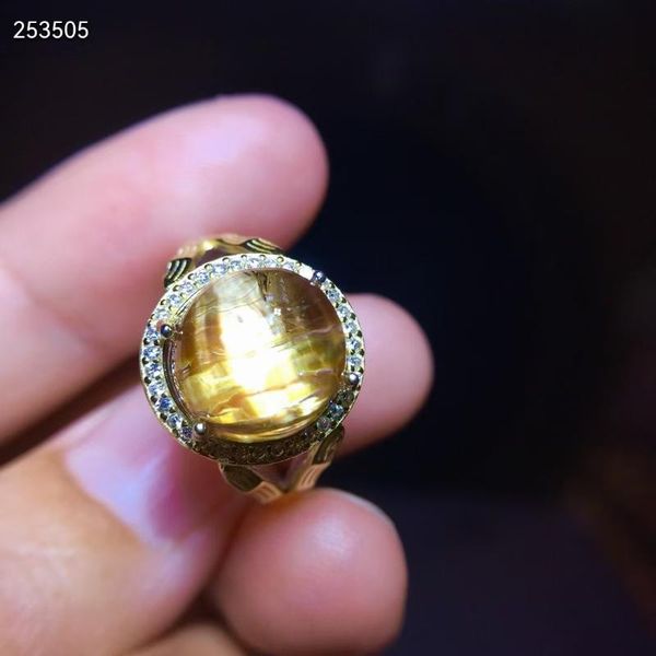 

cluster rings natural gold rutilated quartz women adjustable ring rare 925 silver 10.7/10.3mm round sphere ball beads genuine, Golden;silver