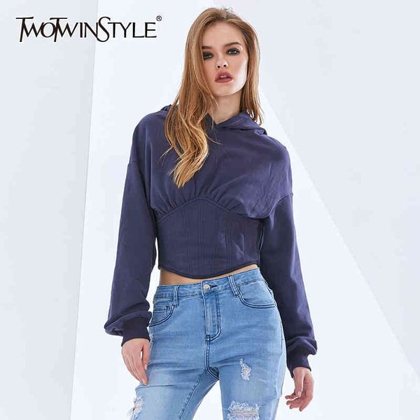 

casual minimalist sweatshirt for women hooded collar long sleeve slim short female clothes autumn fashion 210423, Black