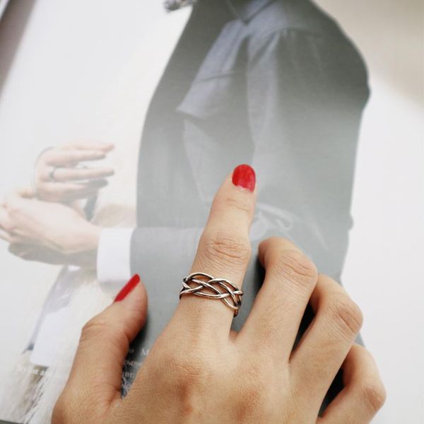 

cluster rings retro women's authentic s925 sterling silver fine jewelry open weave braid band adjust j348, Golden;silver
