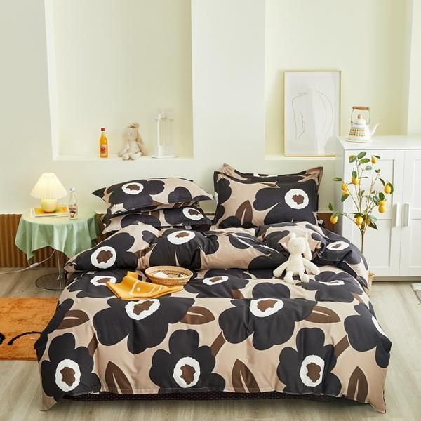 

bonenjoy 4 pcs bedding set for single bed  size black color flowers pattern duvet cover and pillowcase double sets