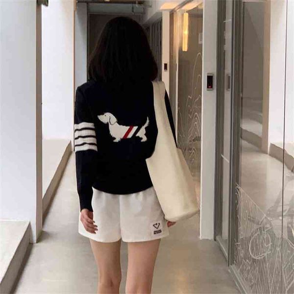 

early autumn new tb striped dog jacquard knitted sweater cardigan, Black