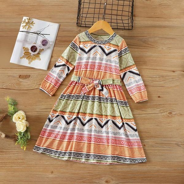 

girl's dresses girls clothes kids for spring autumn geometry print long sleeve belt dress cotton baby girl clothing 1-6y, Red;yellow