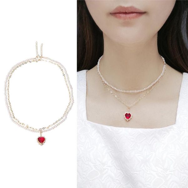 

chains two rows red heart with freshwater pearl necklace jewelry anniversary party wedding gift for women girls female 2pcs/lot, Silver